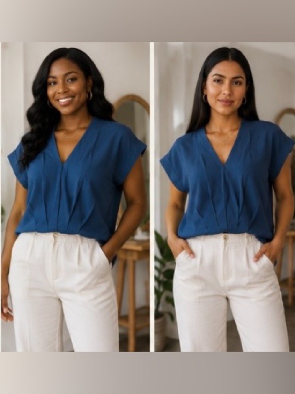love J Deep Blue V-Neck Pleated Short Sleeve Blouse-Never used, no tag.